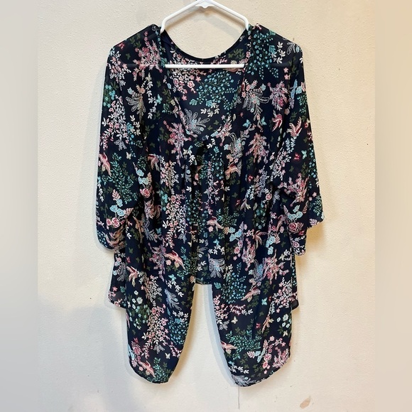 Women’s Navy Blue Pink Floral Colorful Bird Butterfly Sheer Kimono Cardigan OS - Picture 9 of 9